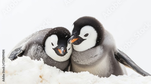 Two penguins in the snow, isolated on a white background.