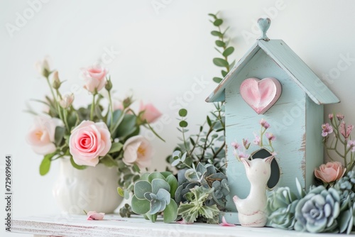 Stampa su tela Beautiful vintage birdhouse with flowers on the white wall background