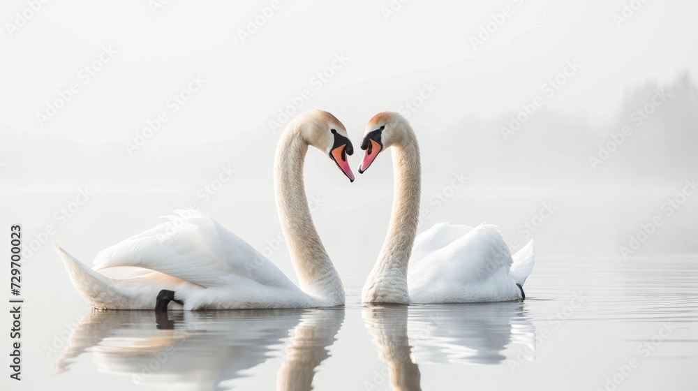 Obraz premium Two white swans swimming on a lake in winter. Beautiful couple of swans on the water.