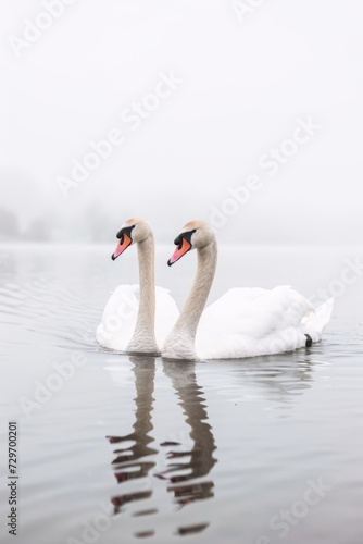 two swans swimming in the lake on a misty day.