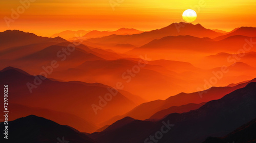 Layers of mountains are silhouetted against a fiery orange sunset creating a dramatic and breathtaking landscape. photo