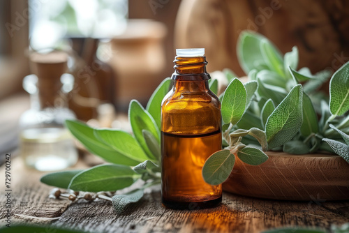 A small amber bottle of clary sage essential oil rests on a rustic wooden surface, surrounded by fresh, velvety sage leaves with soft-focused background.
