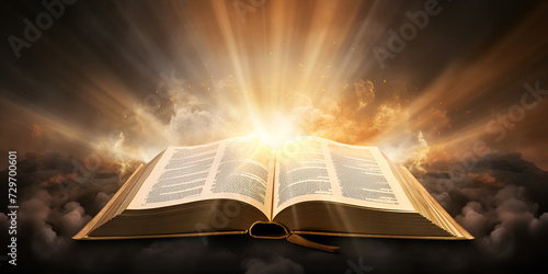 holy book surrounding by fog and yellow with light coming out of it.