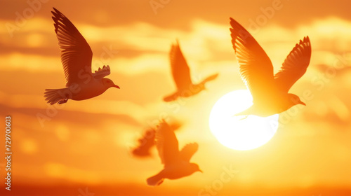 With the sunset behind them a family of birds flies in formation their backlit wings a symbol of their unity and strength. photo