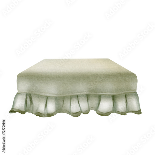 Watercolor tablecloth lying on table with ruffle at edge. Sage leaf color. Good for wedding, first community,baptism,and Easter compositions.