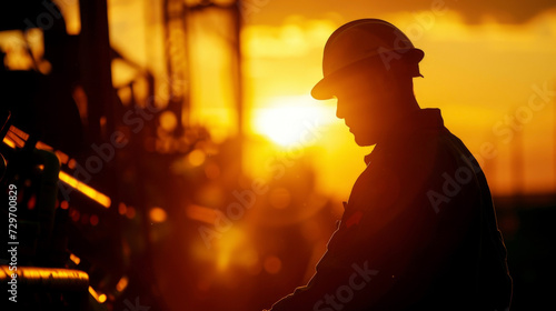 The silhouette of a lone worker against a glowing sunset as he makes his way through the maze of machinery and equipment.