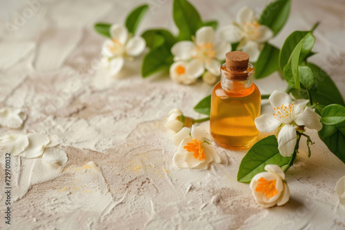 A small amber glass bottle with neroli essential oil surrounded by delicate white orange blossoms on a textured surface. photo