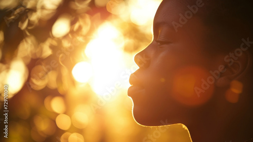 The setting sun illuminates a persons profile casting a soft glow on their skin and highlighting their features.