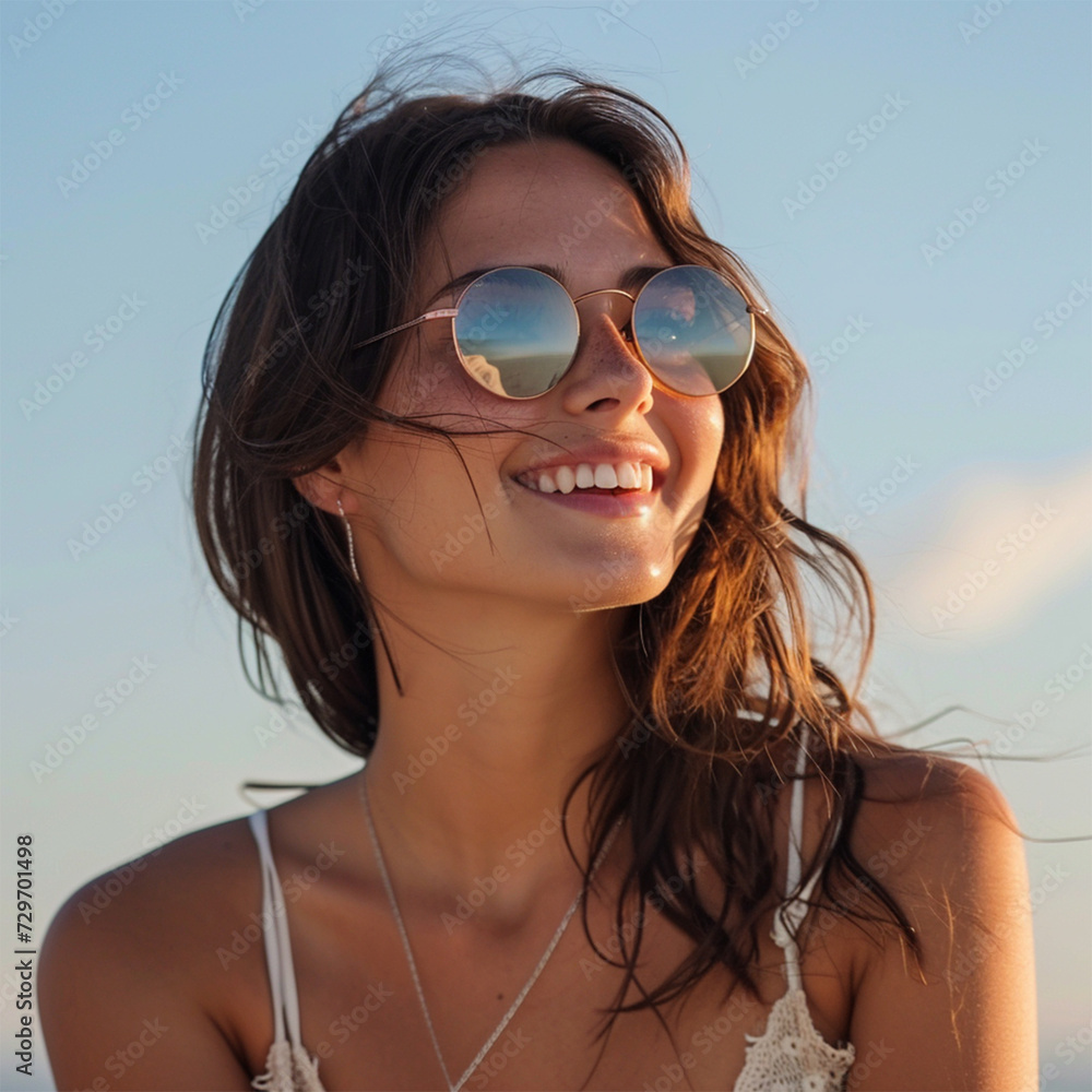 Cheerful woman with reflective sunglasses and wind-swept hair, enjoying the beach. Cheerful woman with reflective sunglasses and wind-swept hair, enjoying the beach.
