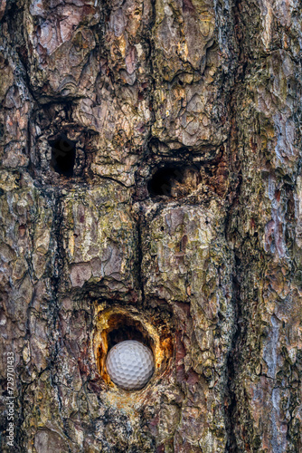 Pareidolia is what causes peoples to see faces in inanimate objects, that being said, the face in this tree is eating a golf ball.  A surprised look on the face in this tree along a golf course in NY