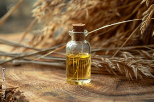 A small glass vial with vetiver oil placed on a wooden surface, cork lid, against a background of dry grass.