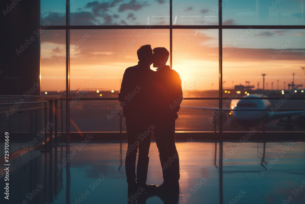 Silhouetted Couple Embracing in Airport Terminal with Sunset View through Large Windows