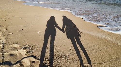 Shadow of a man and woman holding hands on a sandy beach.