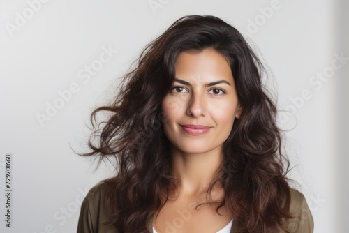 Portrait of beautiful young woman with long hair on grey background.