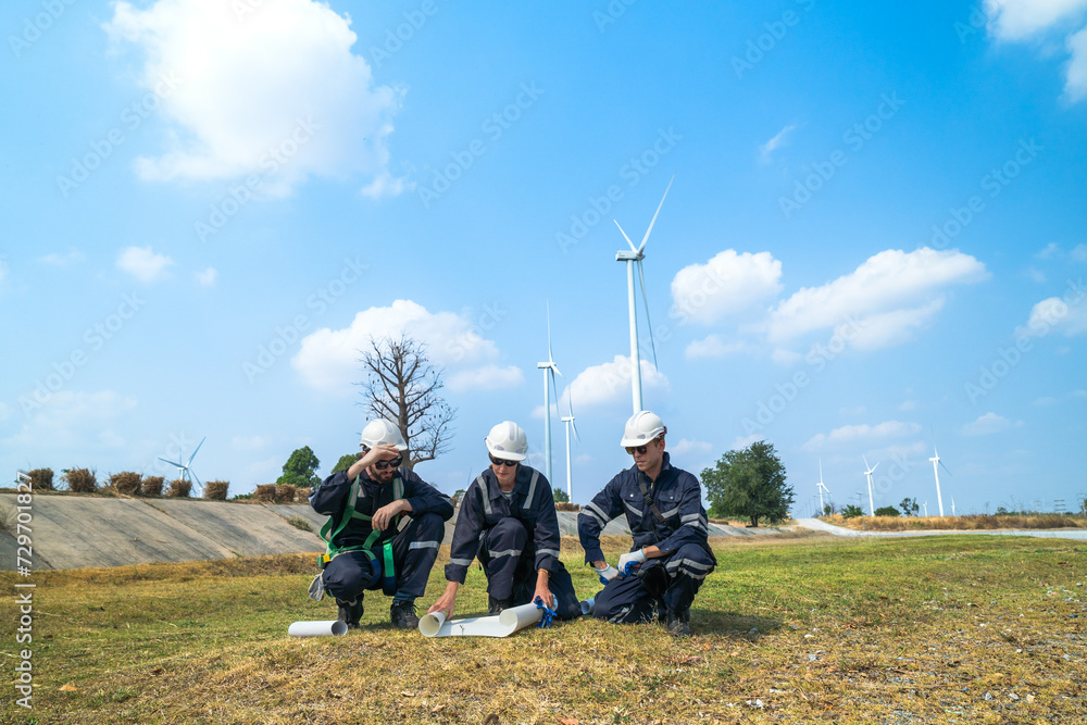 Obraz premium Engineers man and woman inspecting construction of WIND TURBINE FARM. WIND TURBINE with an energy storage system operated by Super Energy Corporation. Workers Meeting to check AROUND THE AREA.