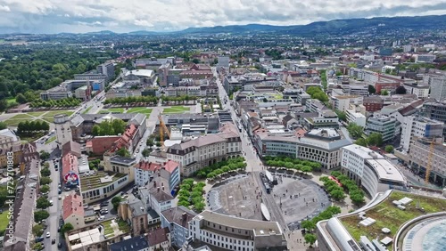 Aerial drone view of Königsplatz in Kassel , Germany . It is a round square in the center of Kassel . Today it is part of the pedestrian zone in the city center.