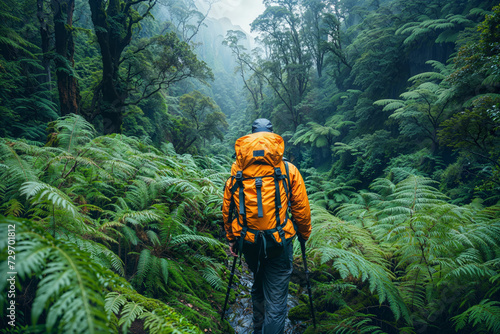 An adventure scene of a travel content creator trekking through a lush rainforest © bluebeat76