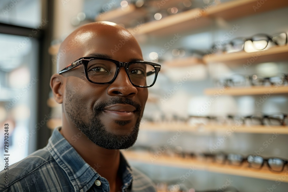 Obraz premium Handsome senior african american man choosing eyeglasses frame in optical store