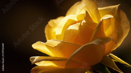 A closeup of a yellow rose its delicate petals seemingly lit from within by the backlight of the sun.