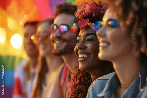 Radiant Faces of Friends in Heart-Shaped Glasses at a Festive Pride Celebration