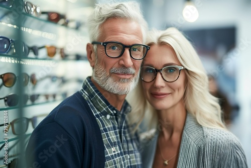 Caucasian senior couple wearing pair of trendy glasses, stylish spectacles and new prescription lenses at an optometrist. Elderly man and woman choosing eyeglasses frame in optical store