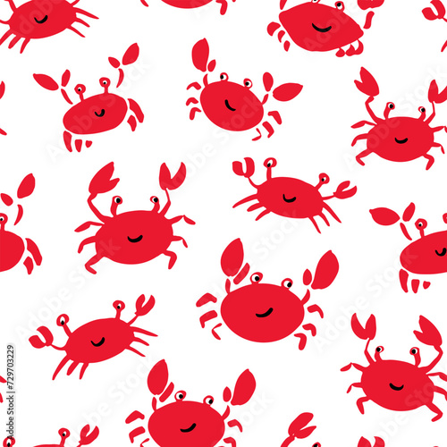 Seamless vector repeat pattern with happy crabs with cute faces on white background. Coastal, swim, poolside, crab seafood restaurant backdrop