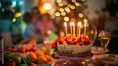 Happy Birthday To You  Celebrating in the Comfort of Home  Selective Focus on the Birthday Cake Captures the Joy of a Family  Where Parents and Kid Share Heartwarming Moments Together.     