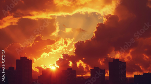 A backdrop of fiery clouds behind the citys iconic architecture.