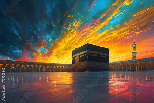 Illustration of the colorful Kaaba in Mecca, a sacred site for Muslim pilgrims, captured with long exposure at night. Represents spiritual and religious significance.