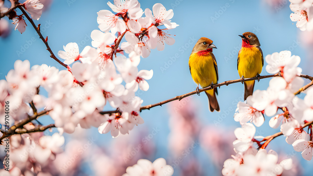 bird with pink cherry blossoms and nice sky bird with pink cherry blossoms and nice sky