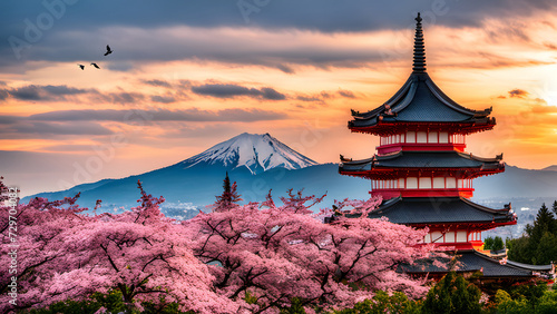 Mountain Fuji and Chureito red pagoda with cherry blossom sakura