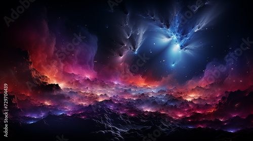 The image captures a celestial spectacle of fire in space and the sky, set against the backdrop of the universe, merging elements of fantasy and science fiction