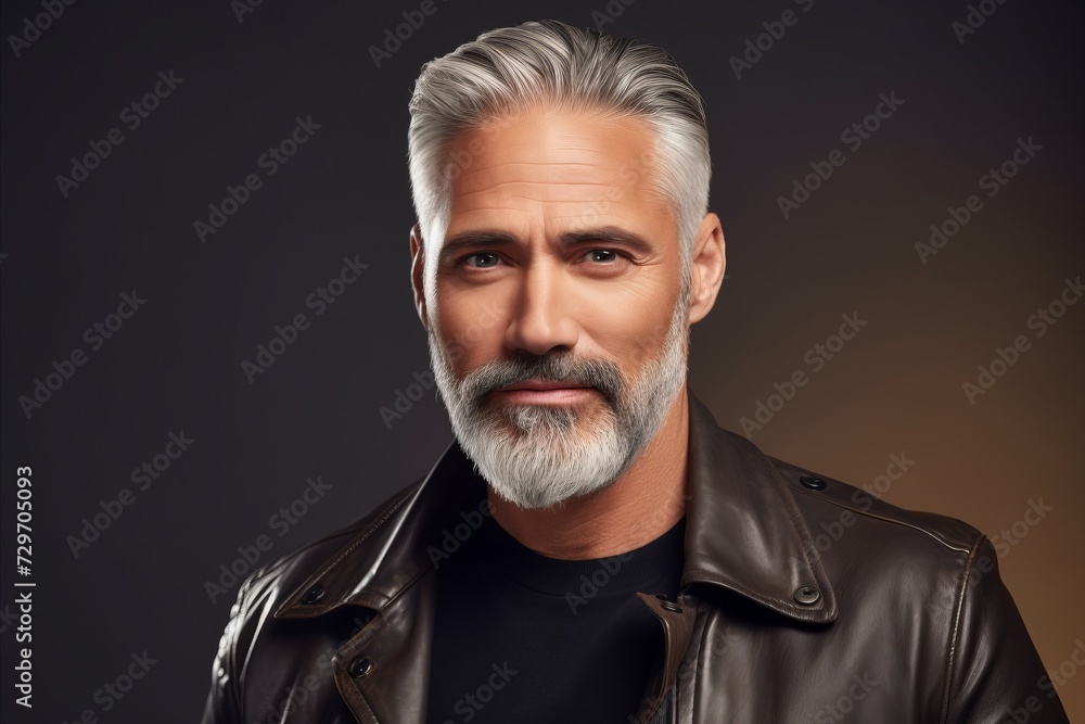 Portrait of handsome mature man in leather jacket. Men's beauty, fashion. Portrait of handsome mature man in leather jacket. Men's beauty, fashion.