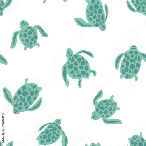Coastal seamless vector repeat pattern with simple tonal teal sea turtle silhouettes on white background. Beach, swim, poolside, kids, boys, gender neutral backdrop