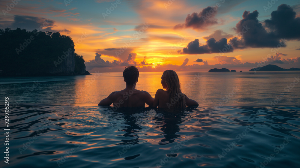 couple watching the sunset in an infinity pool on a luxury vacation in Thailand at sunset couple watching the sunset in an infinity pool on a luxury vacation in Thailand at sunset
