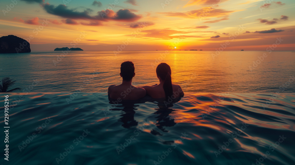 couple watching the sunset in an infinity pool on a luxury vacation in Thailand couple watching the sunset in an infinity pool on a luxury vacation in Thailand