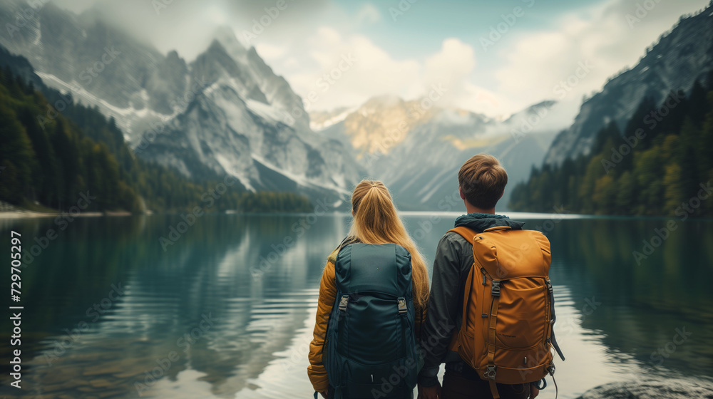 a couple of men and a woman at a mountain lake in , a man and a woman hiking in nature with a backpack - obrazy, fototapety, plakaty 