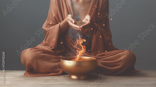 Mystical shaman woman burning holy medical herbs in a bowl. Spiritual herbalist, energy medicine concept. Metaphysical poster, magical mystic smoke and fire. Sacred mysterious oracle priestess photo