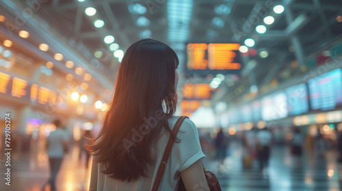 Asian woman passenger in an airport terminal to check departure flight times, woman at airport terminal