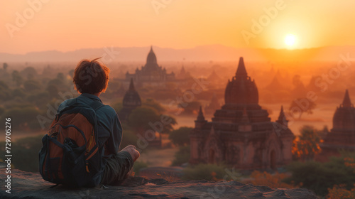 Young men traveler enjoying a looking at sunset on Bagan, Myanmar Asia