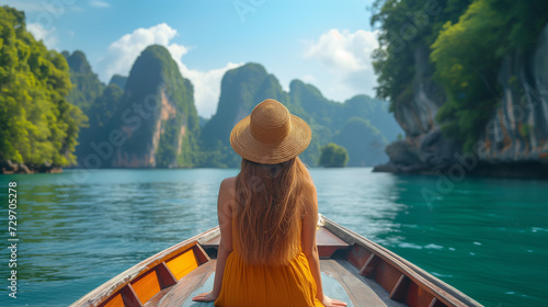 Happy young woman tourist with a hat on the longtail boat at Lake Khao Sok Thailand photo