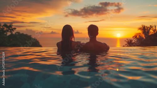 couple watching the sunset in an infinity pool on a luxury vacation in Thailand, man and woman watching the sunset on the edge of a pool in Thailand on vacation © Fokke Baarssen