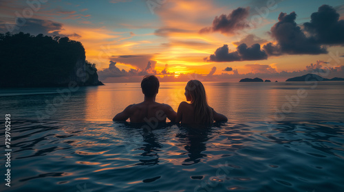couple watching the sunset in an infinity pool on a luxury vacation in Thailand at sunset