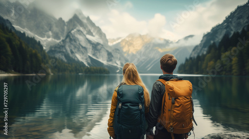 a couple of men and a woman at a mountain lake in , a man and a woman hiking in nature with a backpack photo