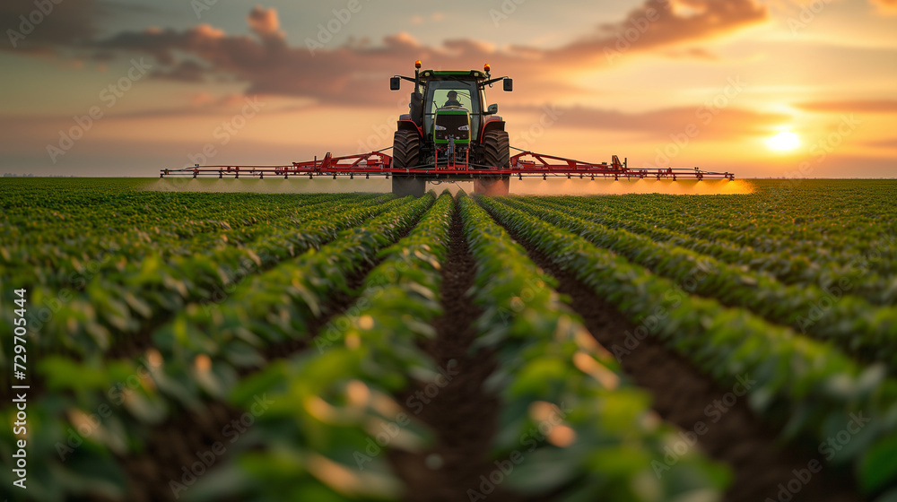 Tractor spraying pesticides in farmland field during springtime Tractor spraying pesticides in farmland field during springtime