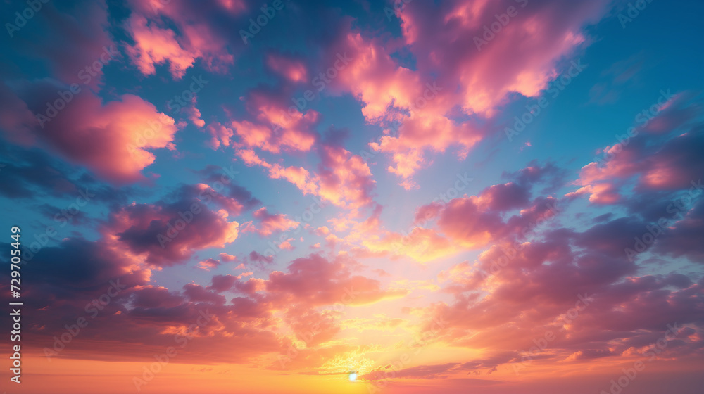 Real majestic sunrise sundown sky background with gentle colorful clouds without birds