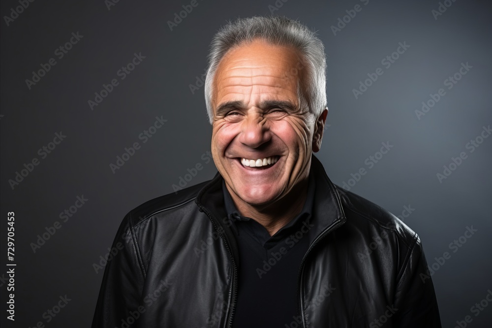 Portrait of a happy senior man in leather jacket on dark background Portrait of a happy senior man in leather jacket on dark background