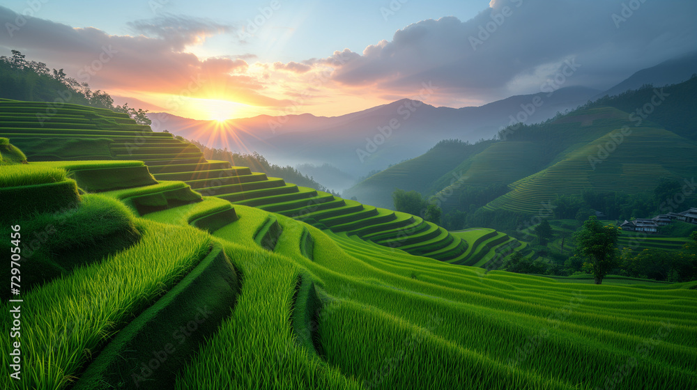 Fototapeta premium rice field curve terraces at sunrise time, natural background of nature, rice field at sunset hour