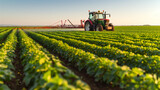 Farmer Tractor spraying pesticides in soybean field during springtime
