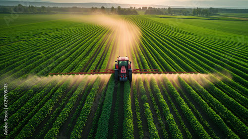 drone view top view from above Tractor spraying pesticides in soybean field during springtime at golden hour sunset